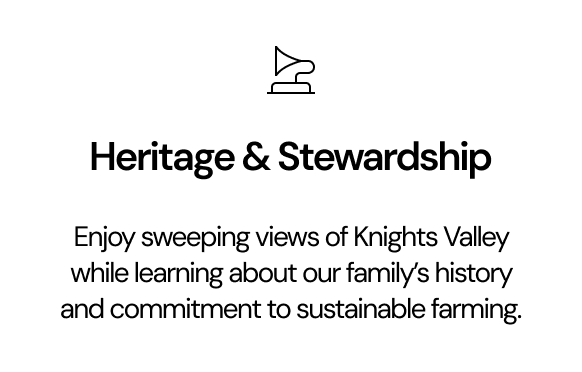 A white graphic with a black line icon of a gramophone above the text 'Heritage & Stewardship' and a paragraph describing sweeping views of Knights Valley and family history.